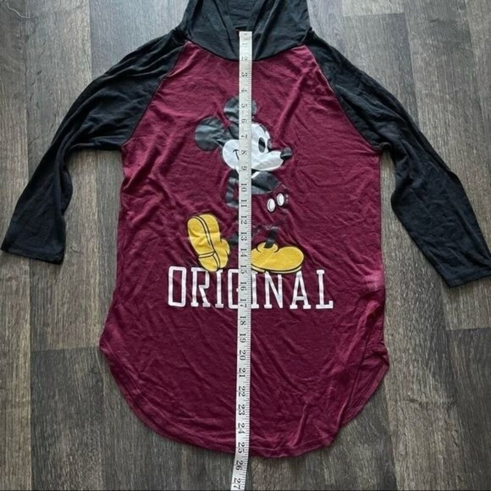 Disney Mickey Mouse Burgundy & Black Burn Out Hoodie Top 3/4THS Sleeves Size S - Picture 6 of 8